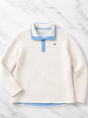 Vineyard Vines Kids Cream Quilted Polo with Light Blue Trim